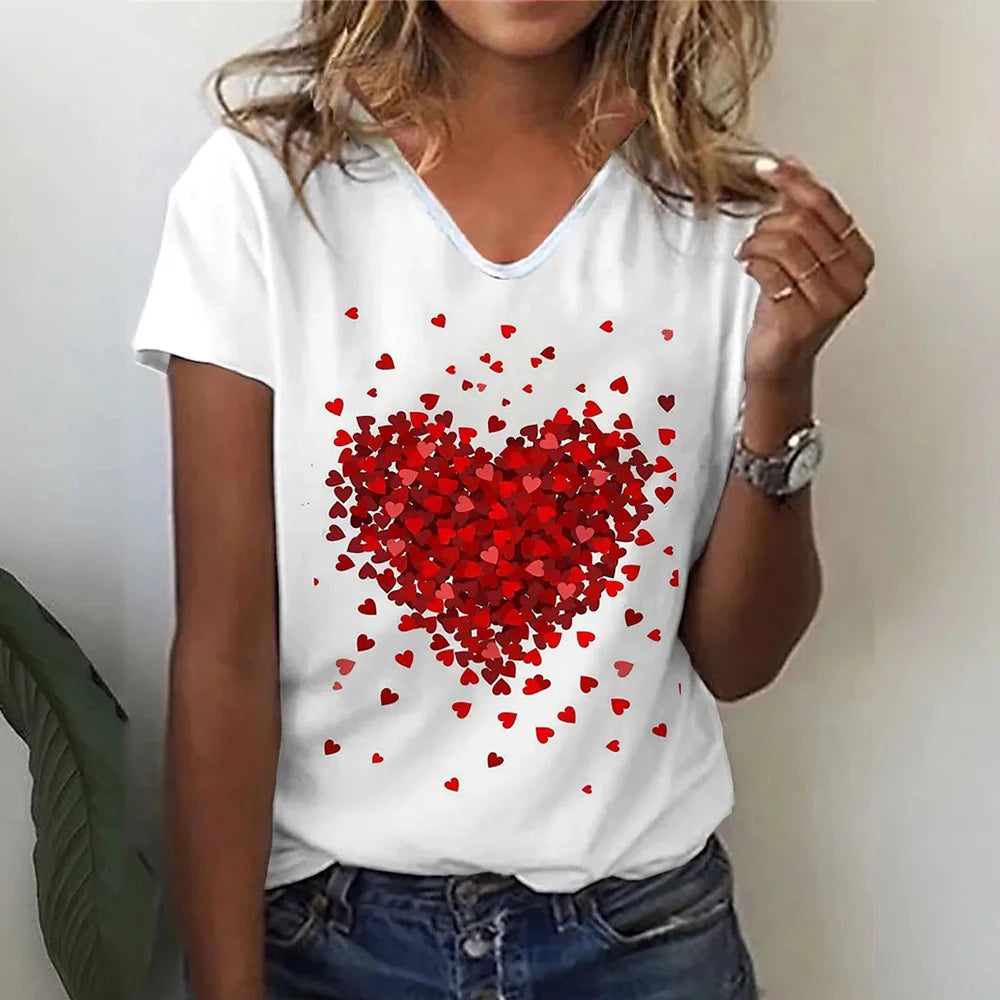 Love Print V-neck Short Sleeve T-shirt